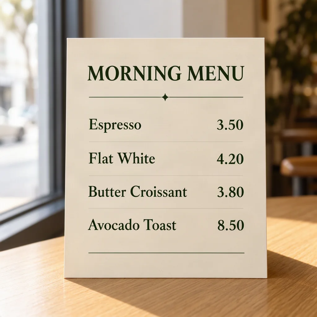 Cream Morning Menu café card with four readable items and right-aligned prices on a light oak table