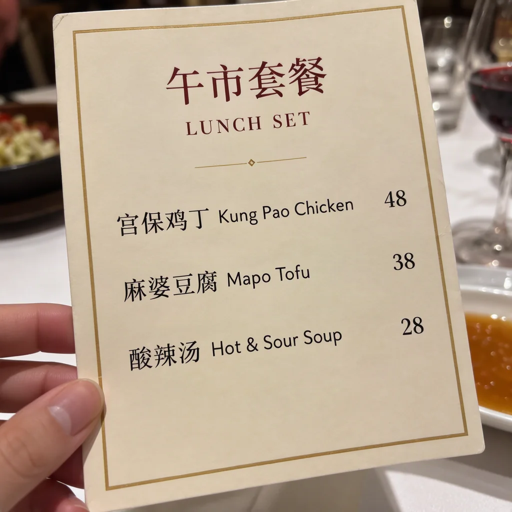 Warm cream bilingual lunch menu headed 午市套餐 and LUNCH SET with three Chinese and English dishes