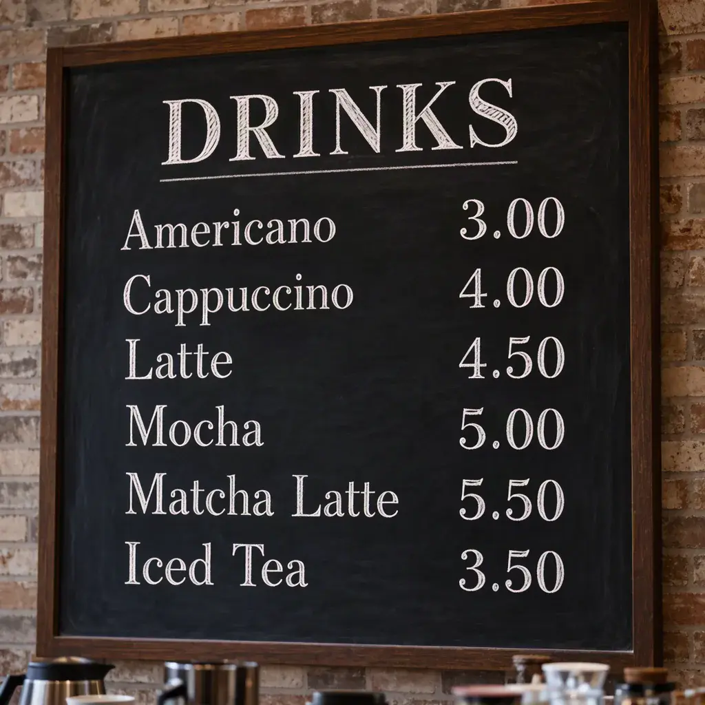 Black chalkboard drinks menu with six readable café drinks and aligned prices