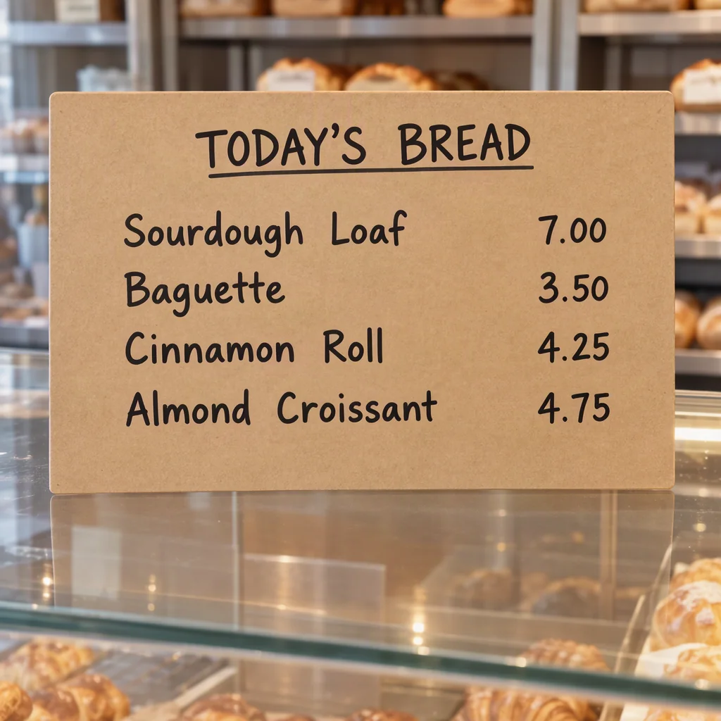 Kraft-paper bakery menu board reading Today’s Bread with four breads and prices