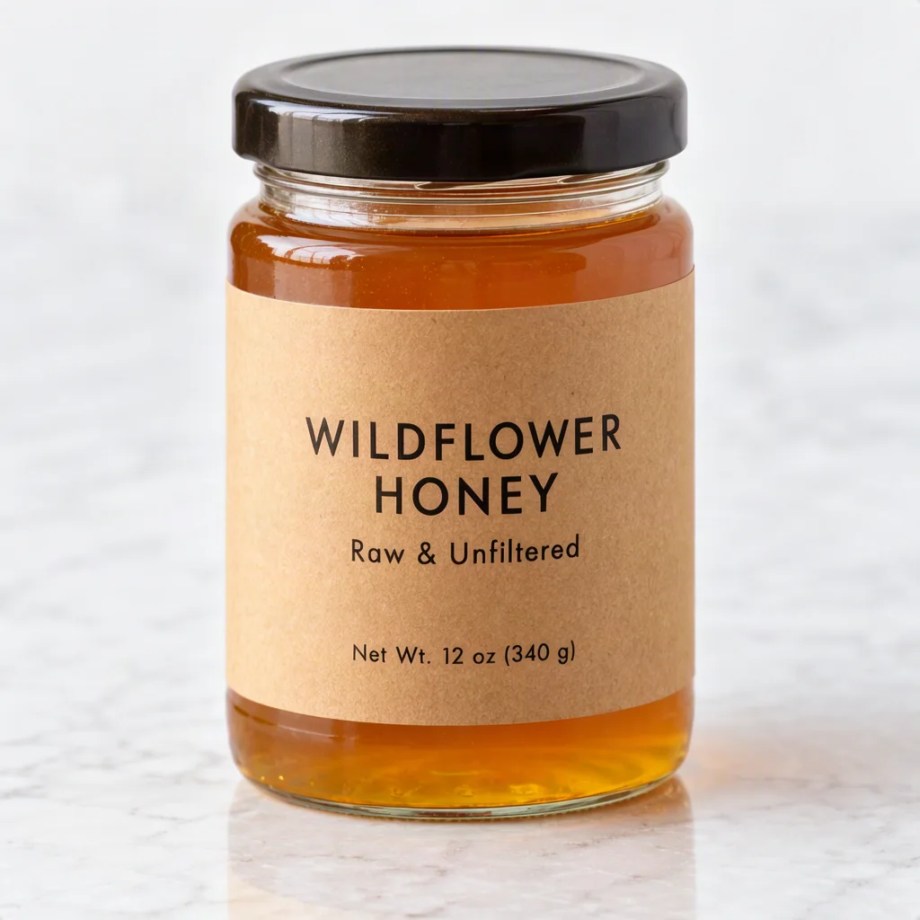 Honey jar with a kraft label containing readable Wildflower Honey, Raw and Unfiltered, and net weight text