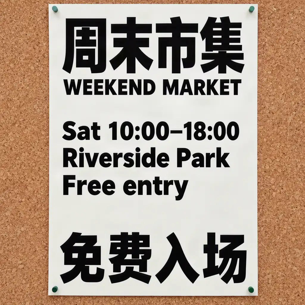Bilingual Weekend Market poster with readable Chinese and English event details pinned to a corkboard