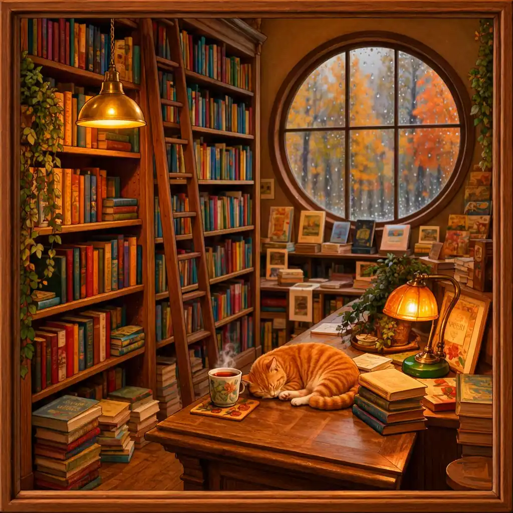 Warm illustrated bookshop with crowded wooden shelves, a rainy round window and a sleeping ginger cat