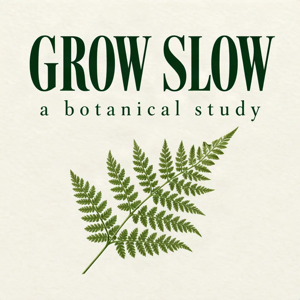 Ivory botanical poster with GROW SLOW heading, subtitle and a green fern arranged with JSON layout