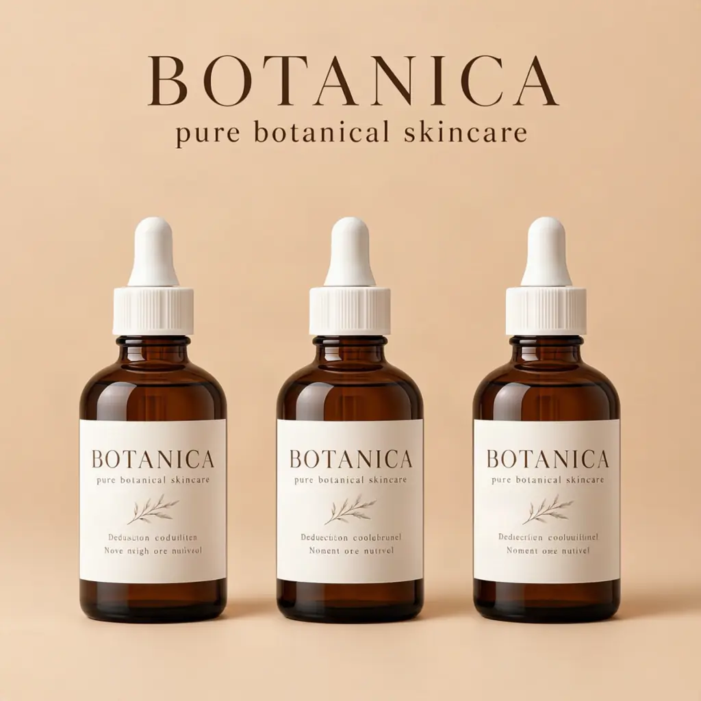 Three amber skincare bottles beneath the BOTANICA brand name in a JSON-controlled product layout
