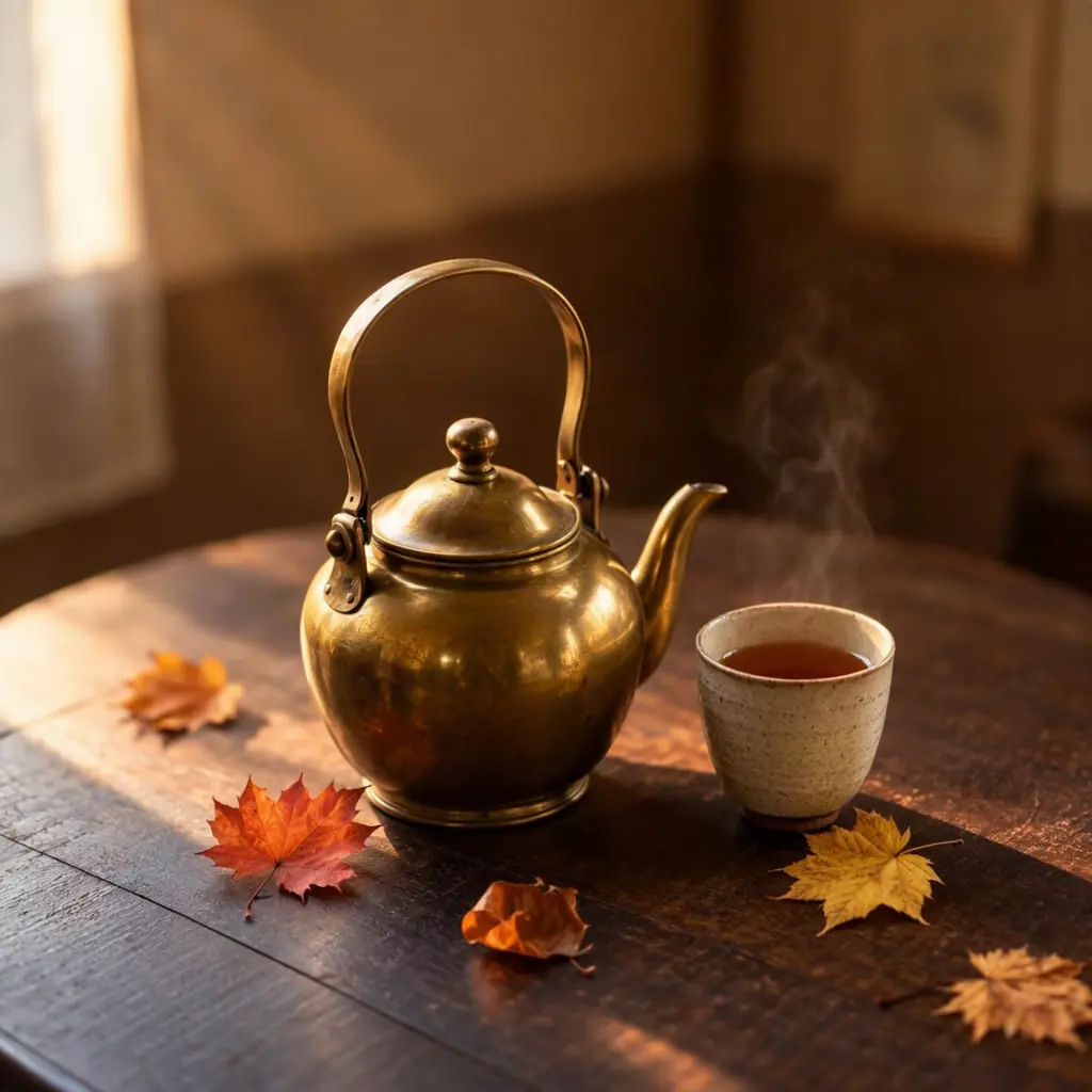 Vintage brass teapot and ceramic tea cup with autumn leaves on a dark wooden table