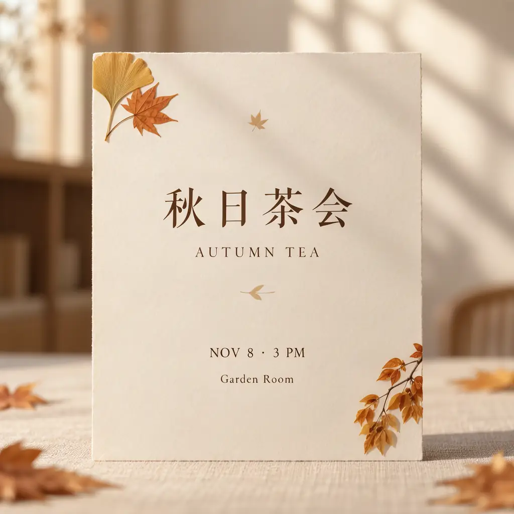 Ivory bilingual invitation card reading 秋日茶会 and AUTUMN TEA with autumn leaves