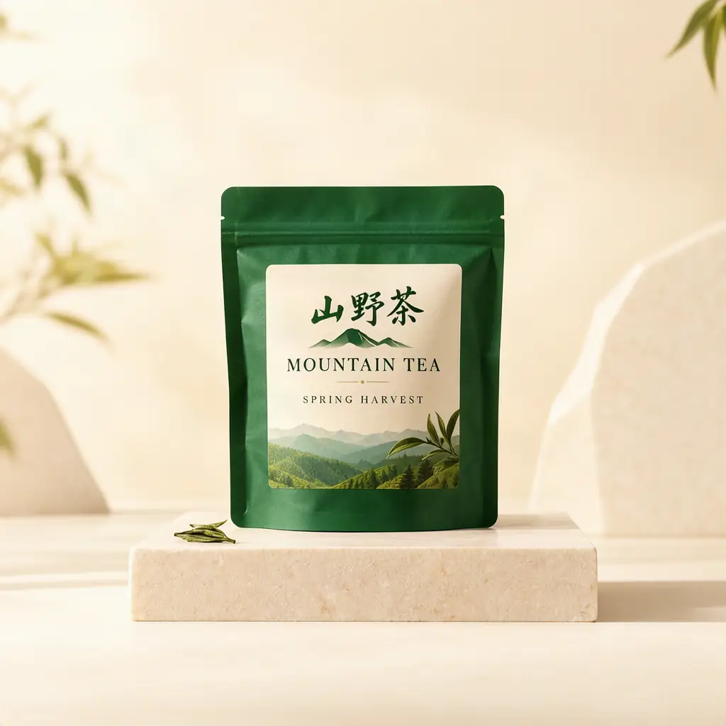Green tea package labeled 山野茶, MOUNTAIN TEA and SPRING HARVEST