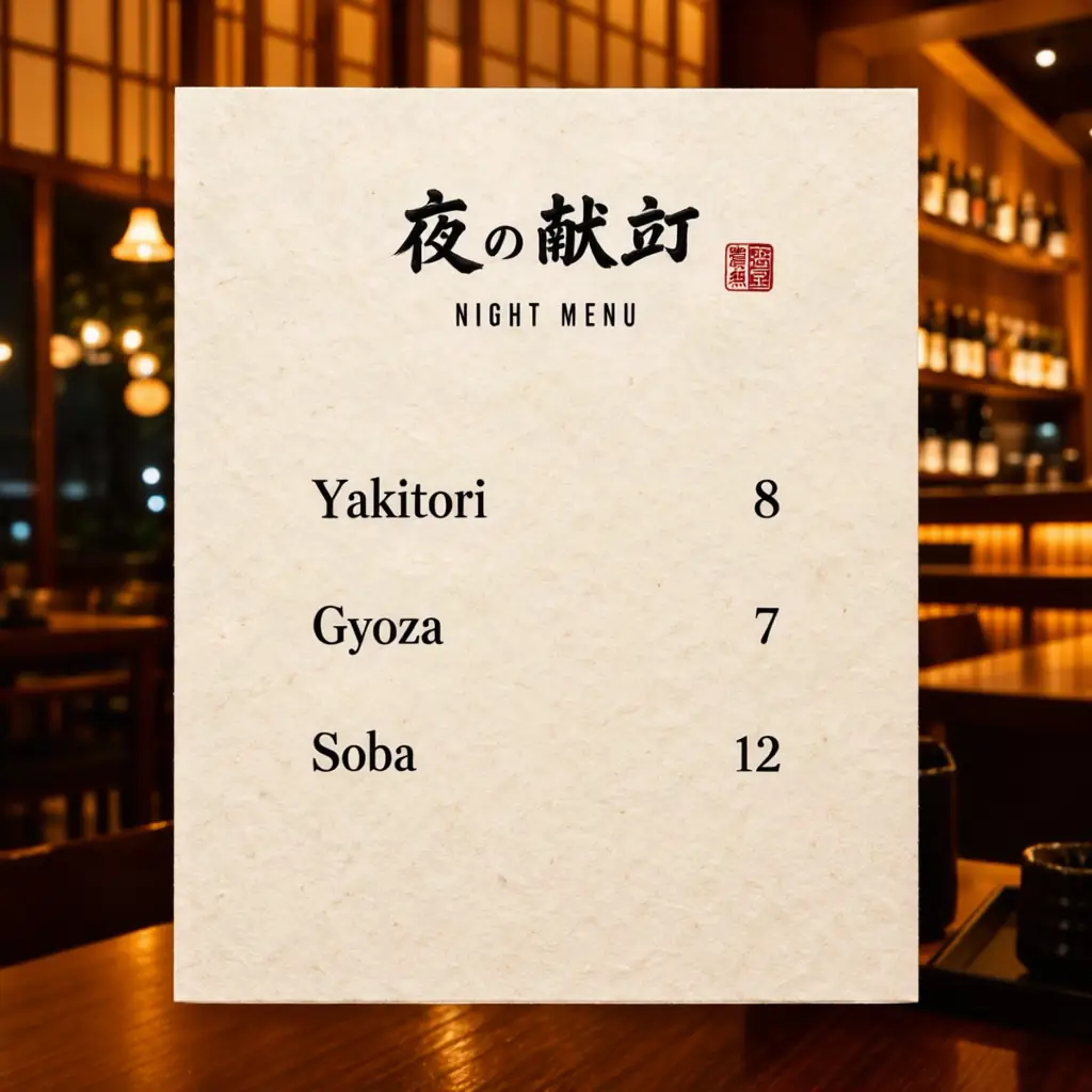 Japanese izakaya menu headed 夜の献立 and NIGHT MENU with three dishes