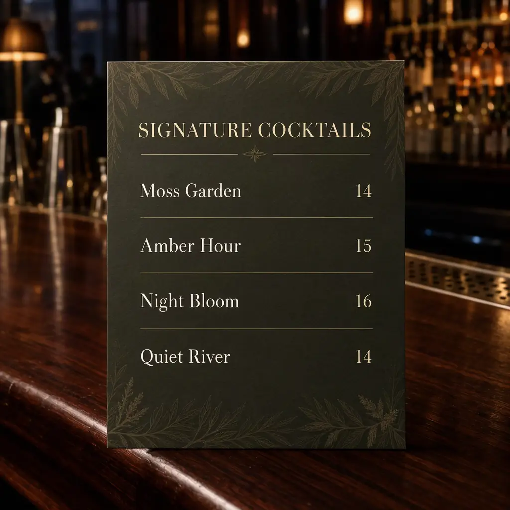Dark cocktail menu listing four signature drinks with aligned prices