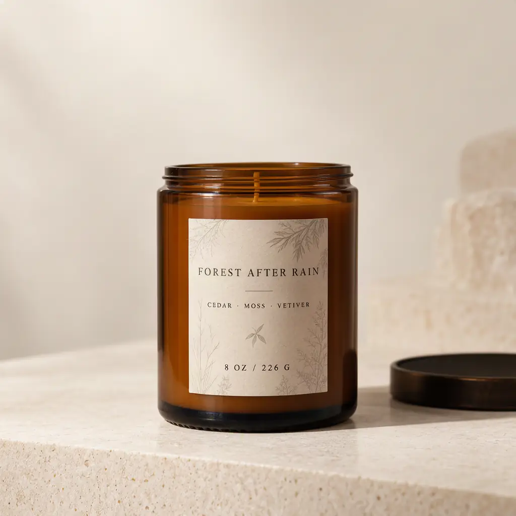 Amber candle jar labeled FOREST AFTER RAIN on a limestone shelf