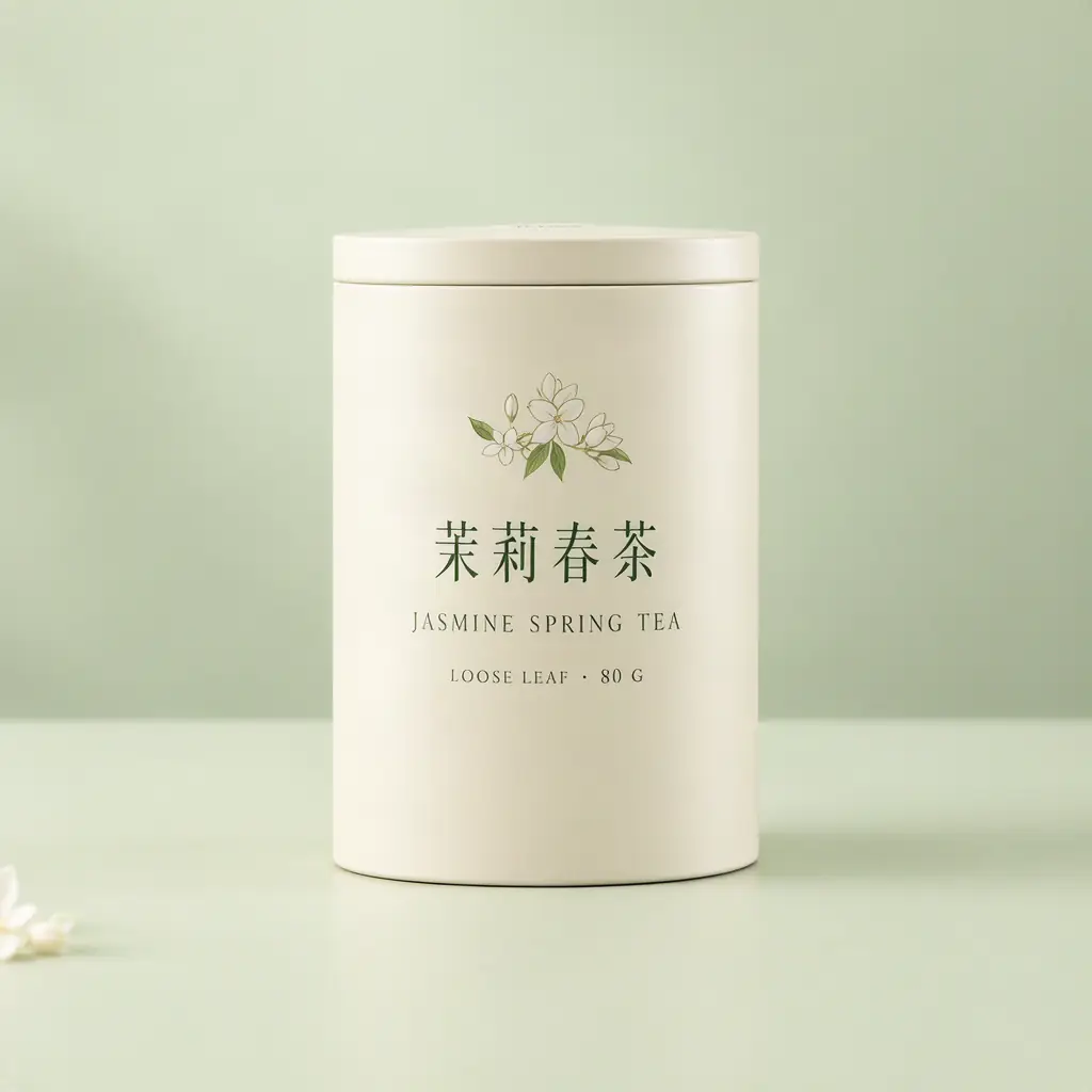 Ivory tea tin labeled 茉莉春茶 and JASMINE SPRING TEA