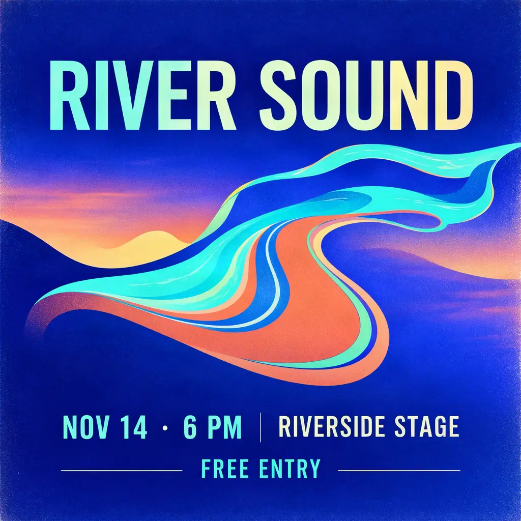 Blue RIVER SOUND outdoor music festival poster with date and venue