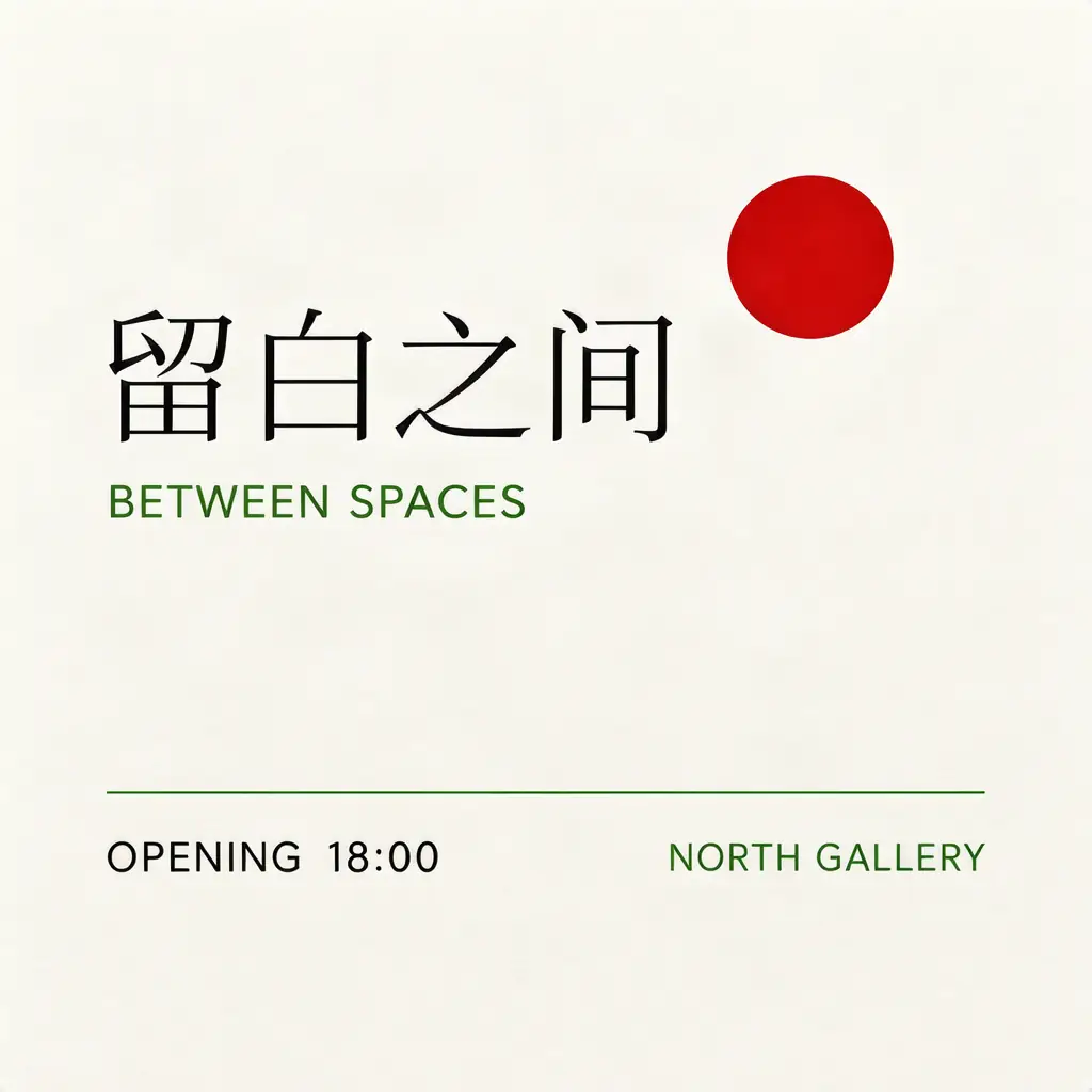 Minimal bilingual exhibition poster reading 留白之间 and BETWEEN SPACES