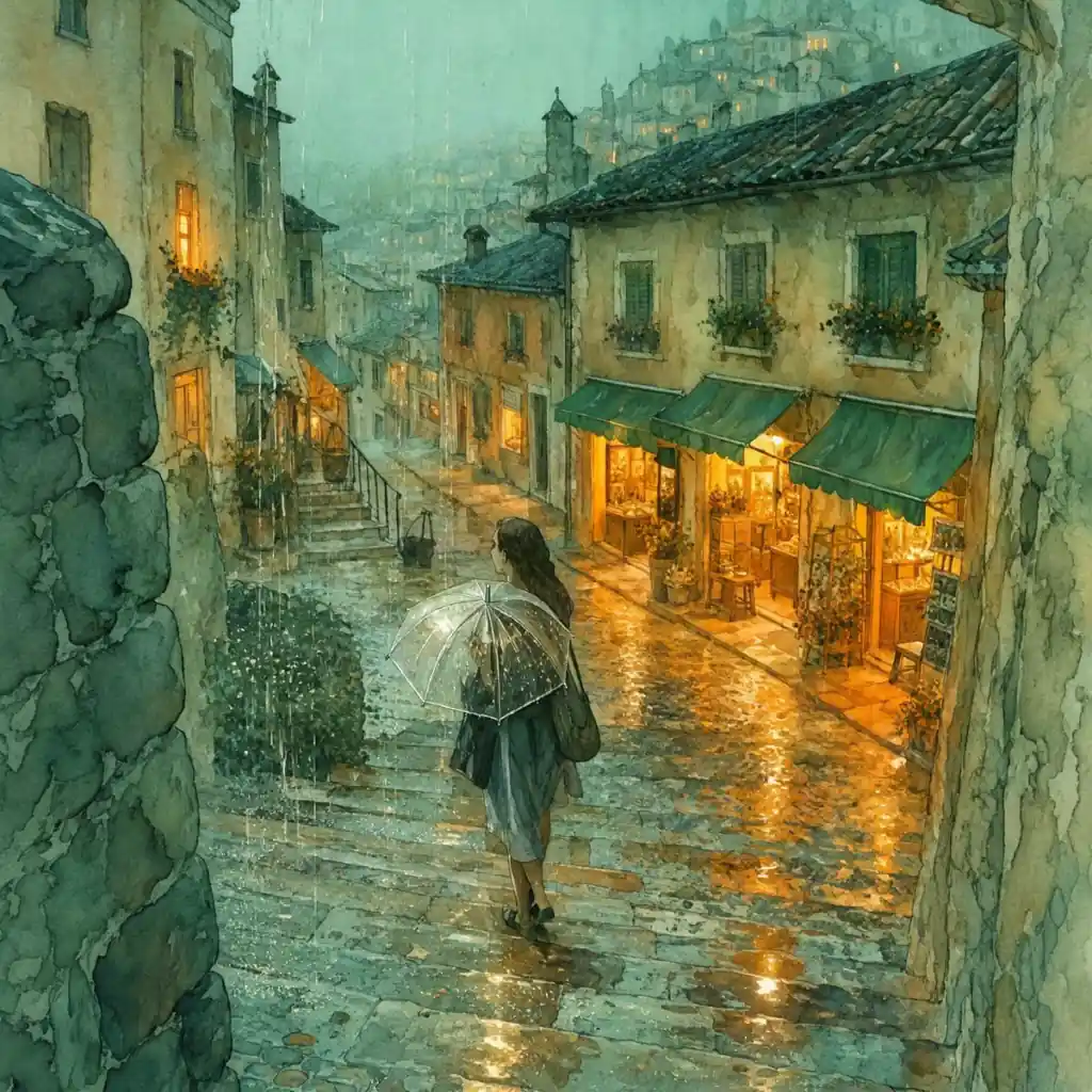 Watercolor illustration of a rainy hillside city with glowing windows