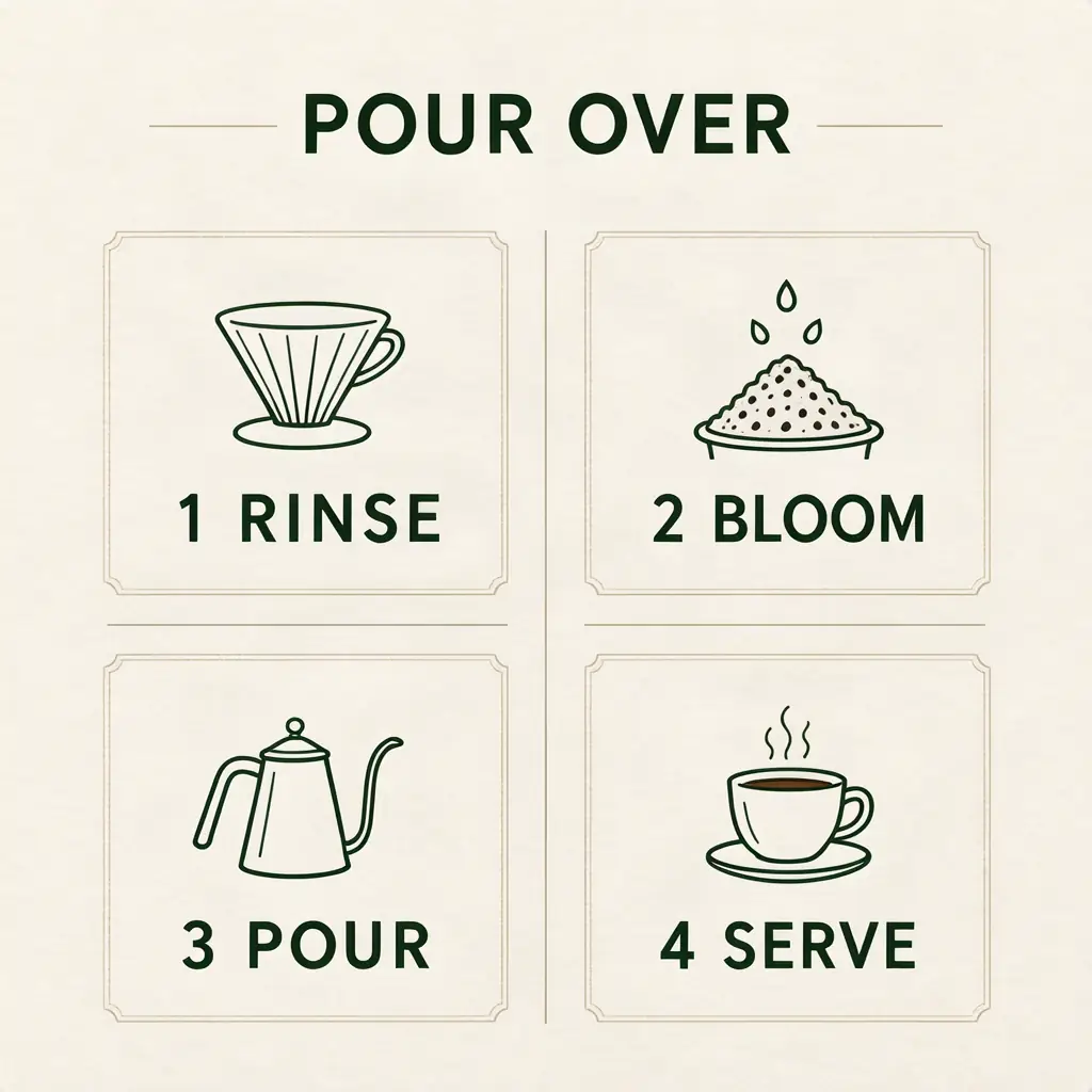Pour-over coffee infographic with four numbered steps and matching line icons