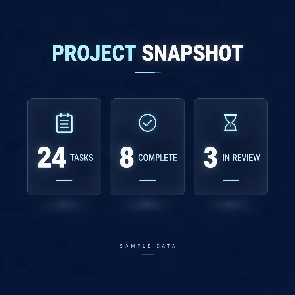 Project snapshot infographic with three sample statistic cards on a navy grid