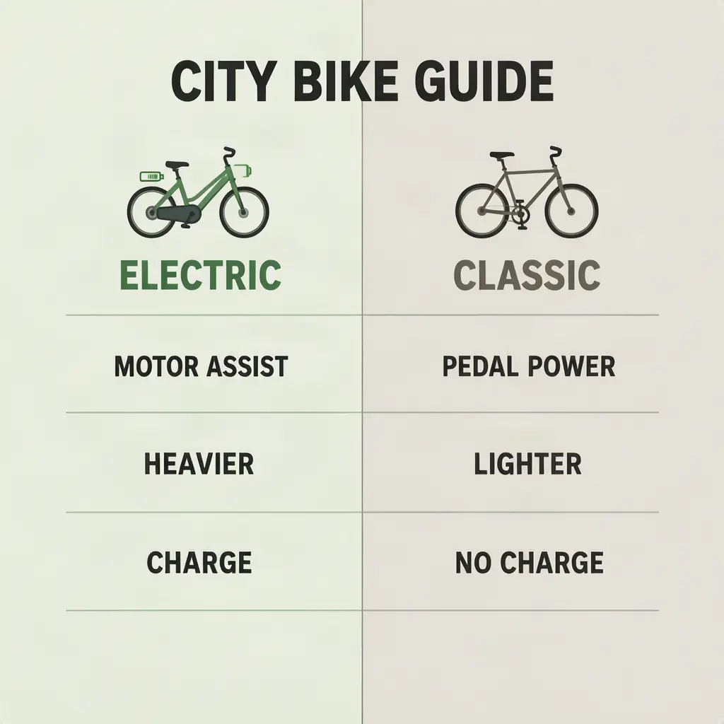 City bike comparison infographic with electric and classic bike columns