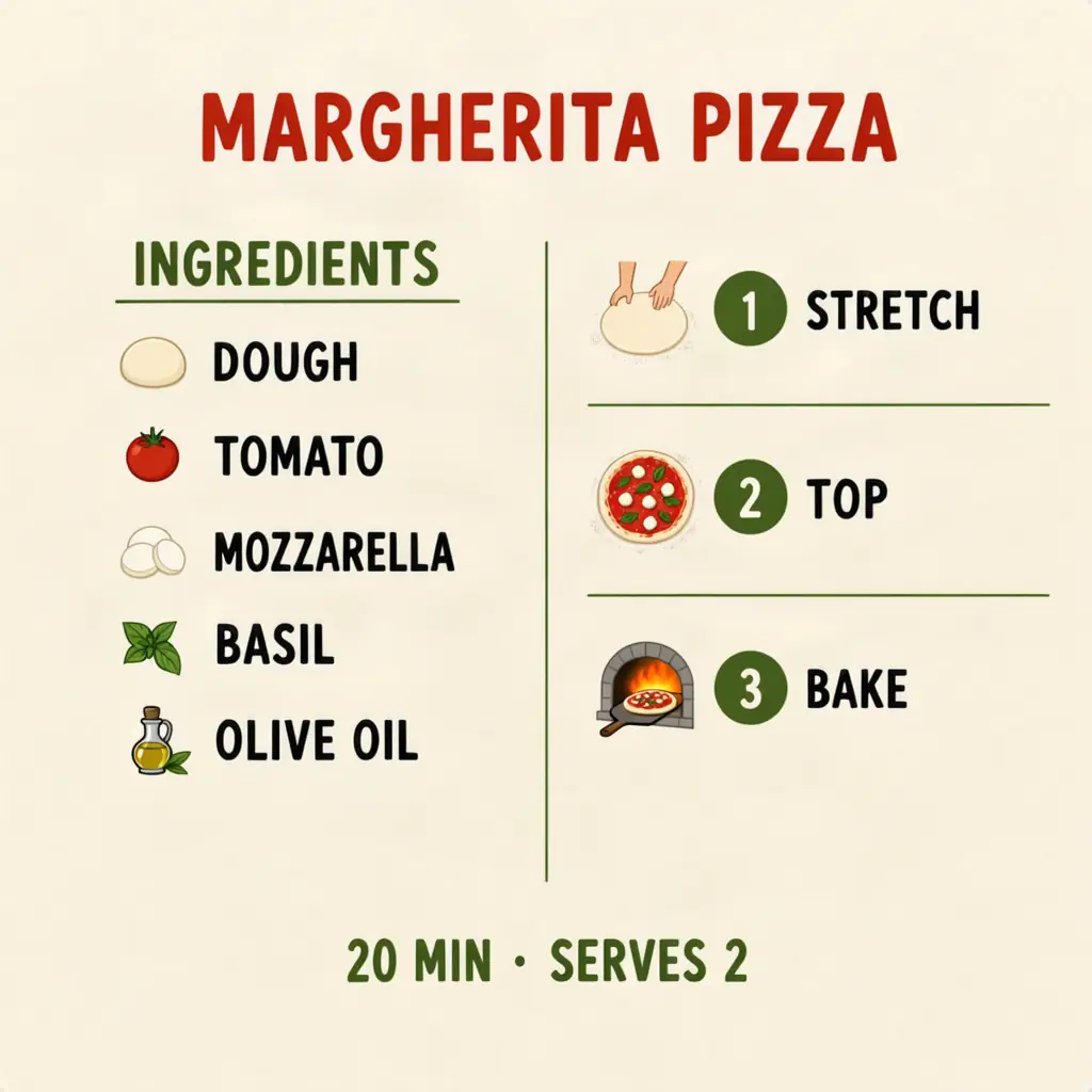 Margherita pizza recipe infographic with ingredients, steps, time and serving count