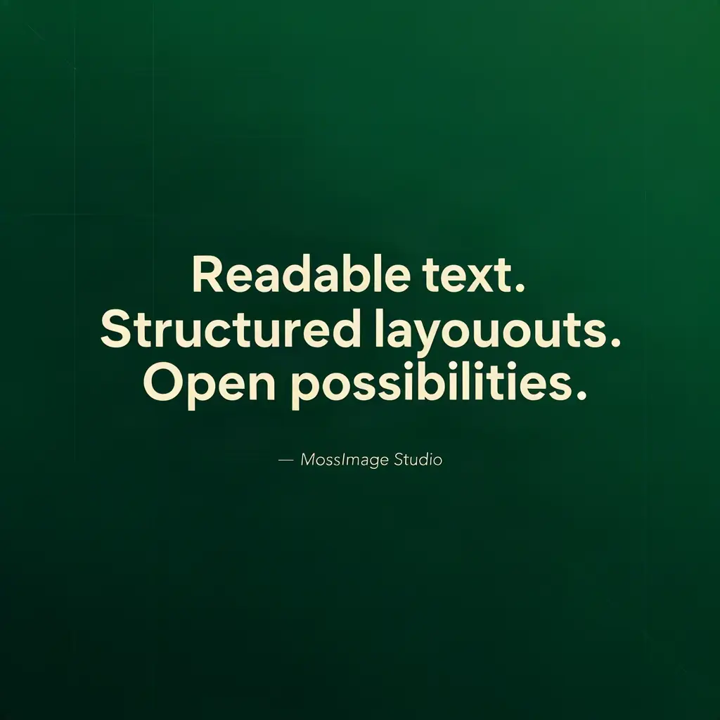 Dark green MossImage Studio message card with high-contrast typography